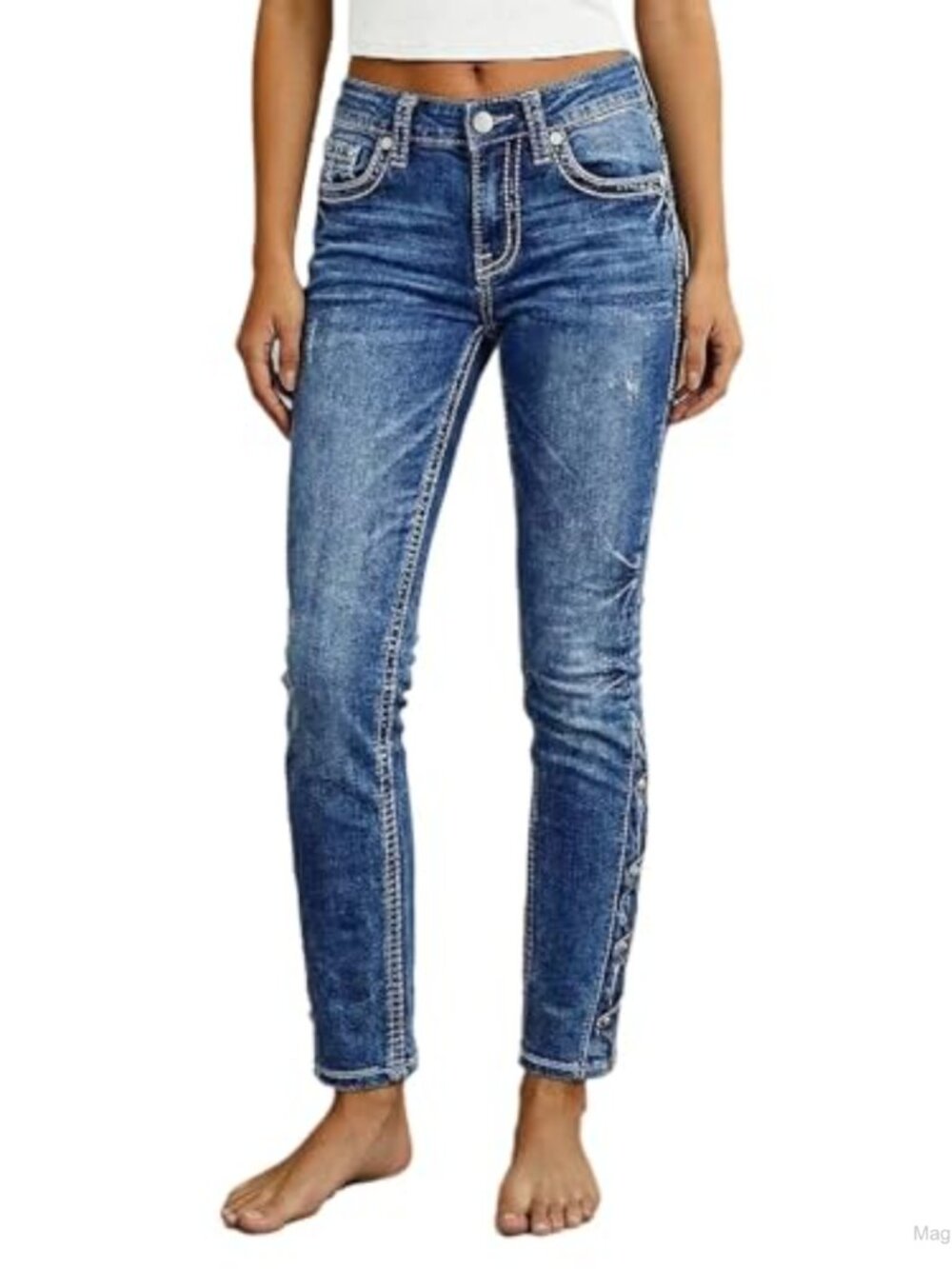 Mid Rise Skinny Jeans Butt Lifting Stretchy Denim Button Accent